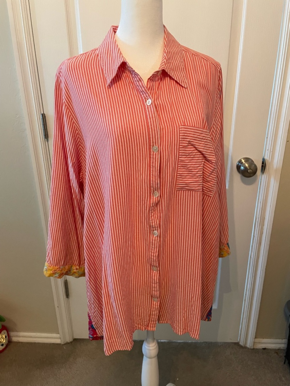 intro. Coral and White Striped Button-Up Top